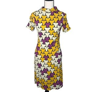 Vintage 1960s Mod Op-Art Patterned Short-sleeve Mock Neck Dress Purple & Yellow